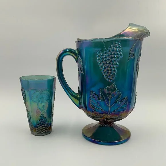 Vintage Blue Indiana Glass Grape Harvest Carnival Pitcher and Drinking Glass - Picture 6 of 8